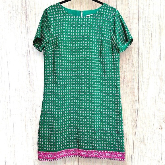 J CREW Factory Gallery Green Medallion Pink Paisley Preppy Shift A Line Dress 4 - Picture 1 of 7